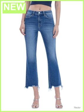 High Rise Frayed Hem Kick Flare Cropped Jeans Comfort Stretch Denim